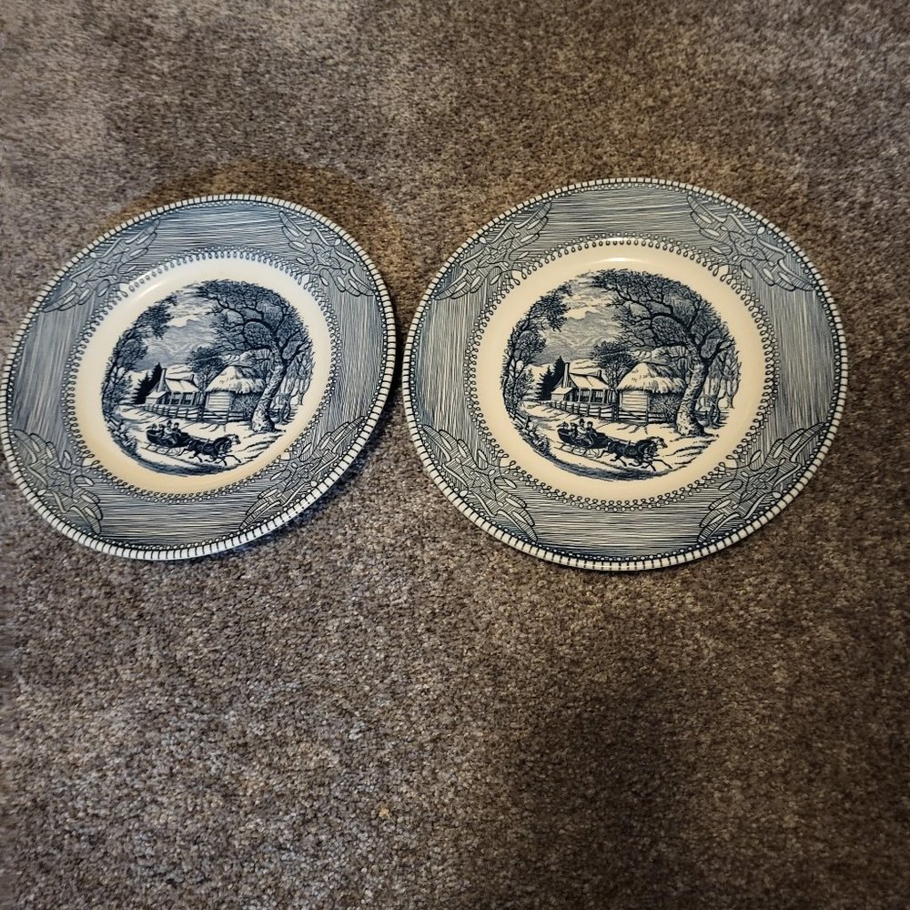 2 Jamestown China Dinner Plates Blue Winter Scene Horses & Sleigh 10"